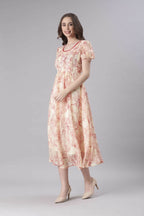 Souchii Cream & Red Floral Printed Fit & Flare Dress