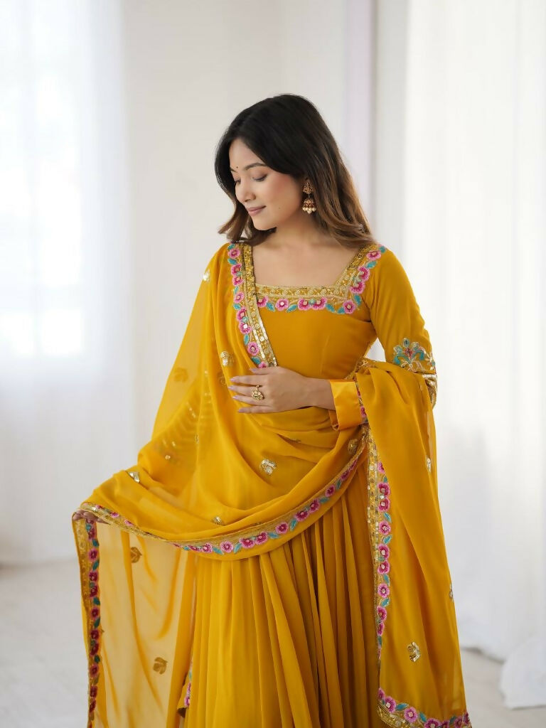 Teeya Creation Yellow Color Heavy Georgette Wedding Wear Embroidery Work Long Gown - Distacart