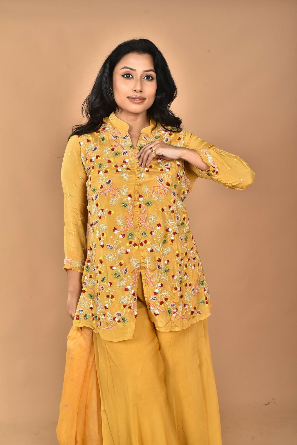 Morchari Women And Hand Embroidery Palazzo Set-Yellow