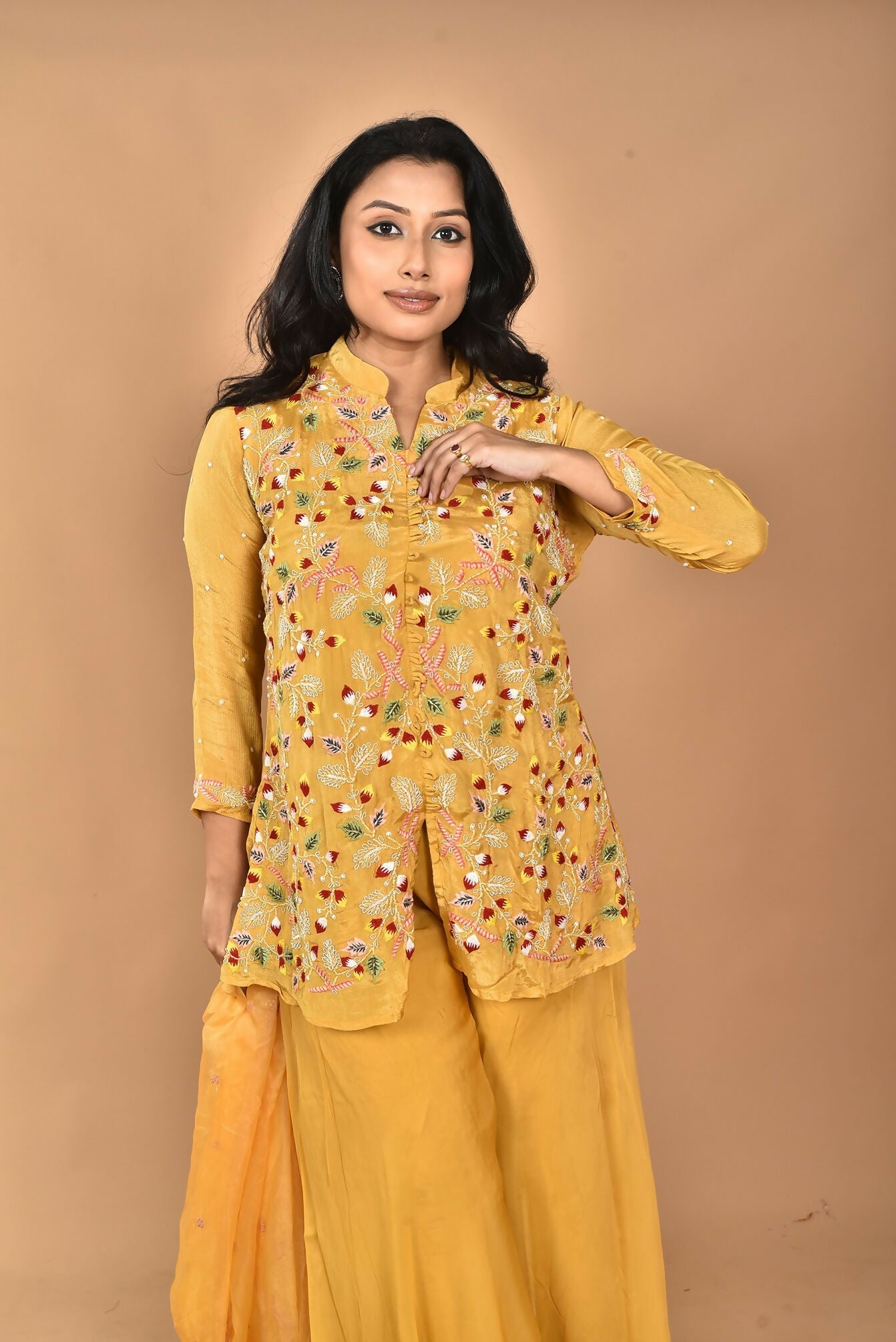 Morchari Women And Hand Embroidery Palazzo Set-Yellow