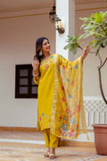 The52 Yellow Women's Gorgeous Embroidered work Viscose Gadhwal Fabric Straight Kurta, Pant and Dupatta Set - Distacart