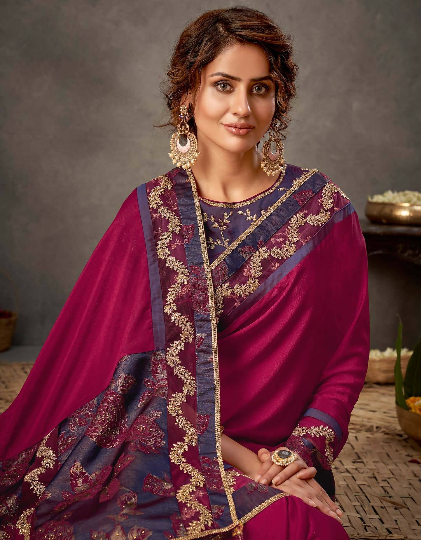 Deep Magenta And Purple Silk Georgette Cord And Sequins Embroidery Saree - Norita Arinya