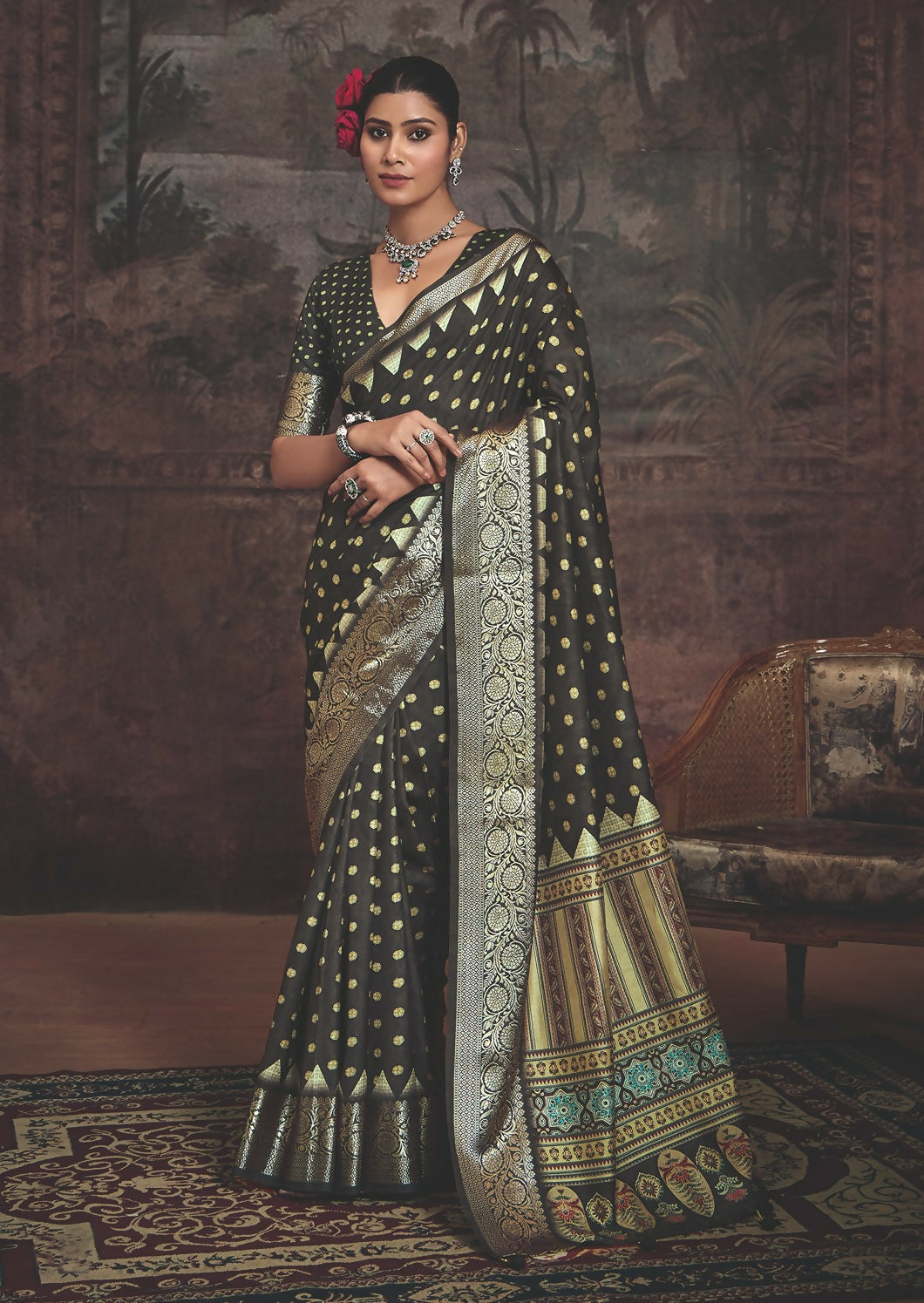Joban Fashion Black Art Silk With Fine Viscose Border Ajrak Full Body Print With Soft Finish Saree - Distacart