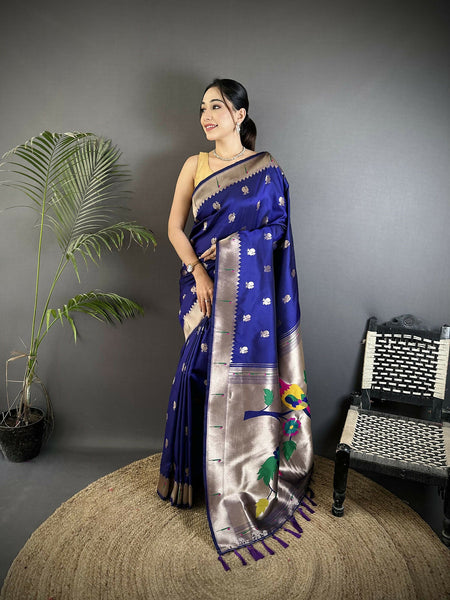 Joban Fashion Royal Blue Peacock & Floral Motifs Soft Silk Kanchipuram Saree