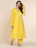 Cheera Women's Yellow Silk Blend With Gota Work Double Layer Dress With Silk Straight Pant Set