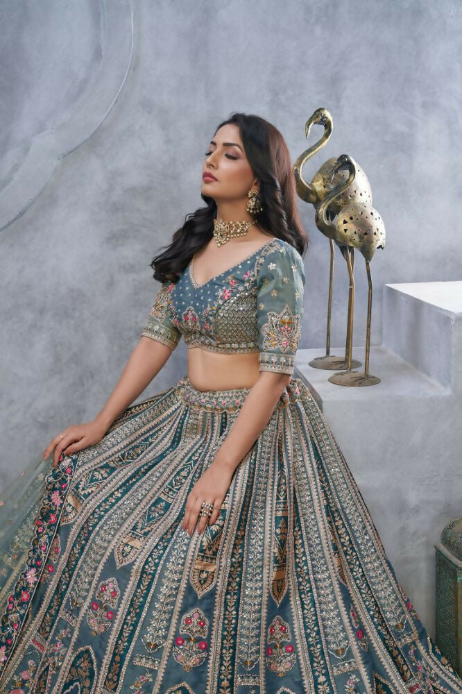 Kesar Fab Grey Organza Hand_Woven Lehenga
