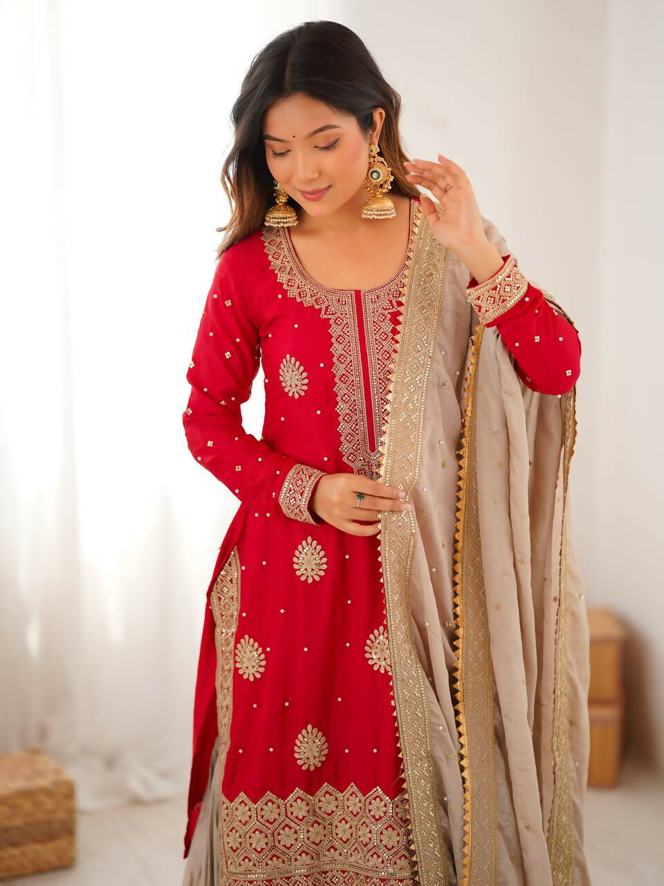 Lehenga Mart Designer Sharara Suit With Kurta, Sharara, Dupatta For Women-Red - Distacart