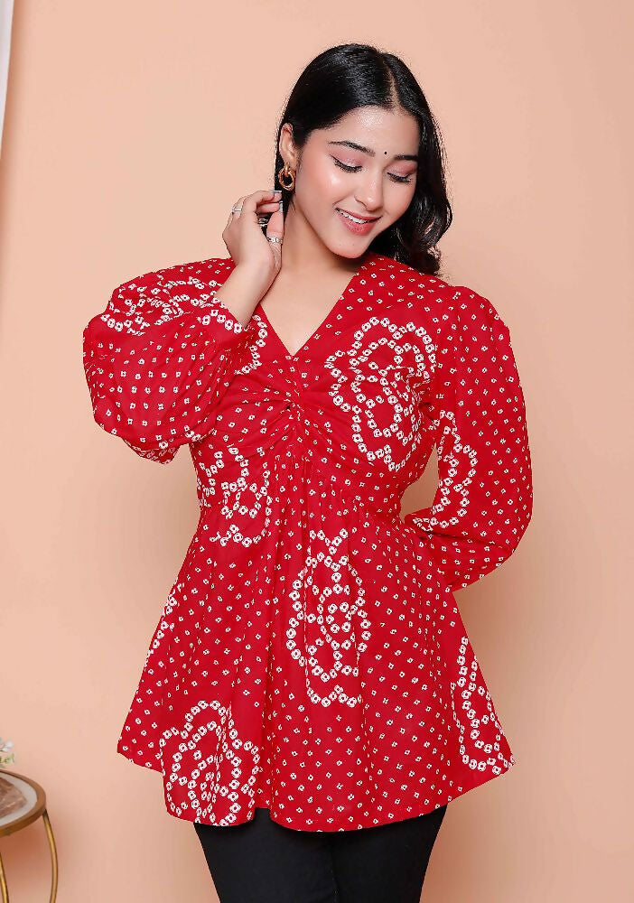 Miravan Womens Red Bandhani Printed Cotton Butterfly Design Top