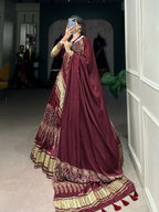 Vastranavya Traditional Every Occasion Gaji Silk Digital Print With Lagadi Patta Lehenga with Unstitched Blouse - Maroon
