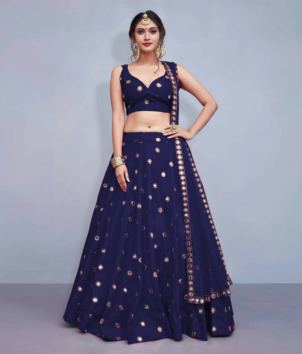 Jyoti Fashion Beautiful Navy Blue Embroidered with Mirror work Art Silk Party Wear Lehenga Choli with Dupatta