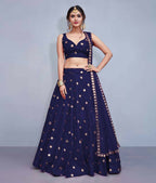 Jyoti Fashion Beautiful Navy Blue Embroidered with Mirror work Art Silk Party Wear Lehenga Choli with Dupatta