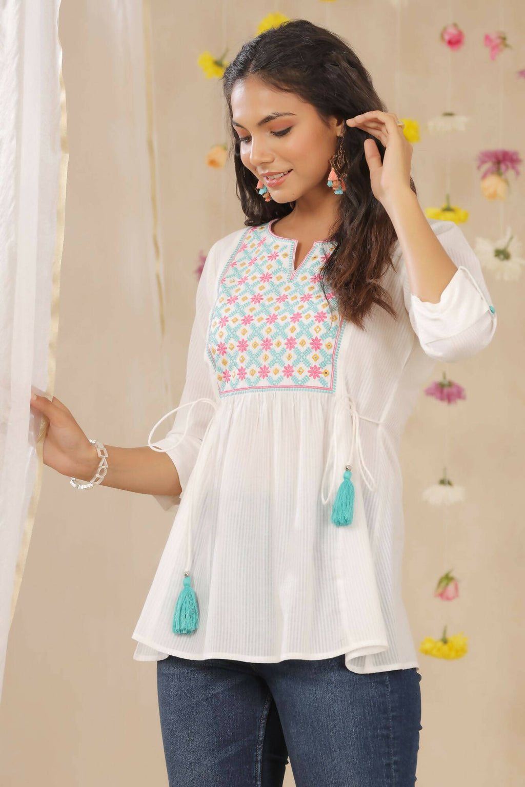 Juniper Women White Cotton Dobby Embroidered A-Line Tunic - Distacart