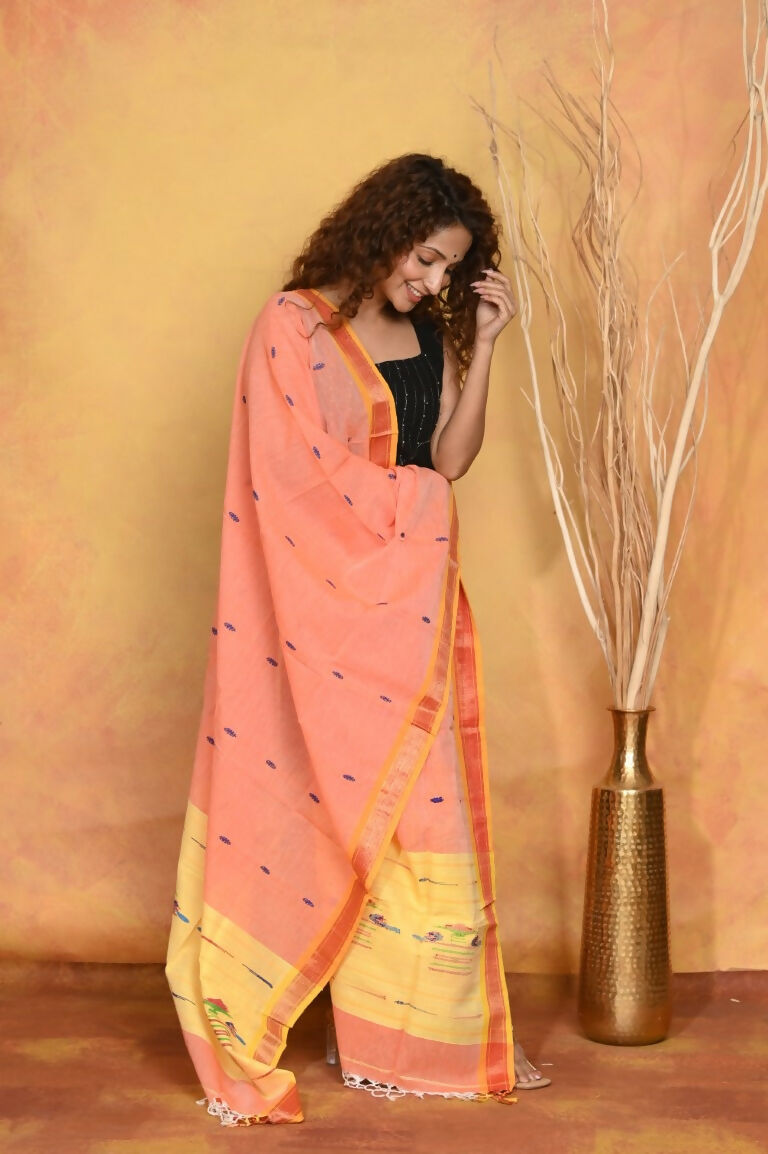 Very Much Indian Handloom Pure Cotton Paithani Dupatta Orange