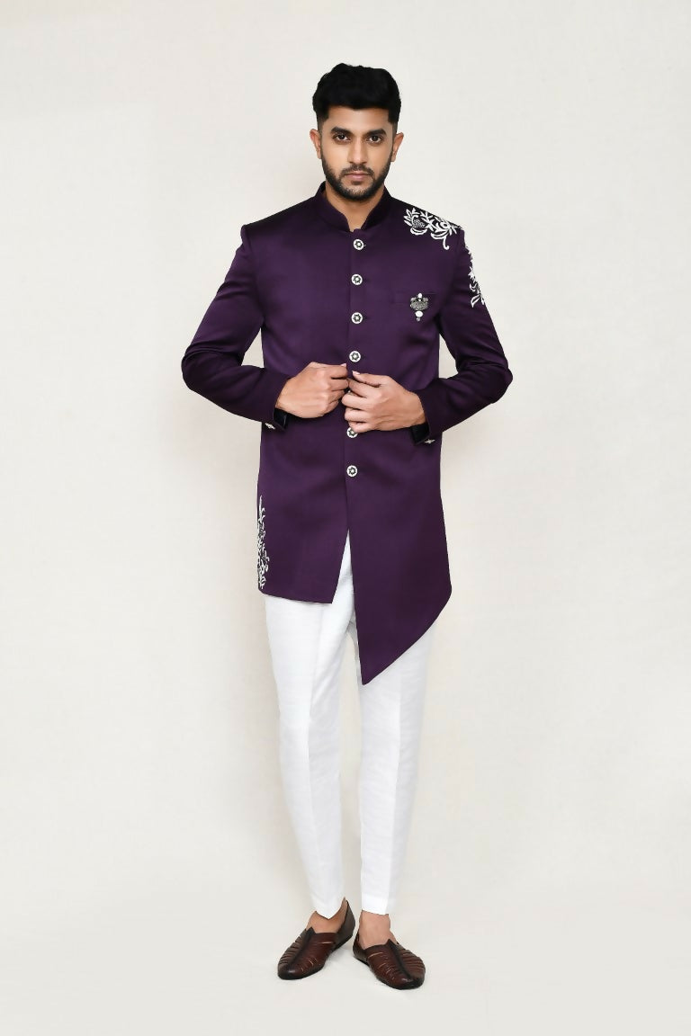 Joban Fashion Purple Colored Polyester Fabric Indo Western With Straight Fir Pant