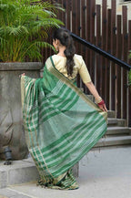Beatitude Green Cotton Stripes Border Handloom Saree