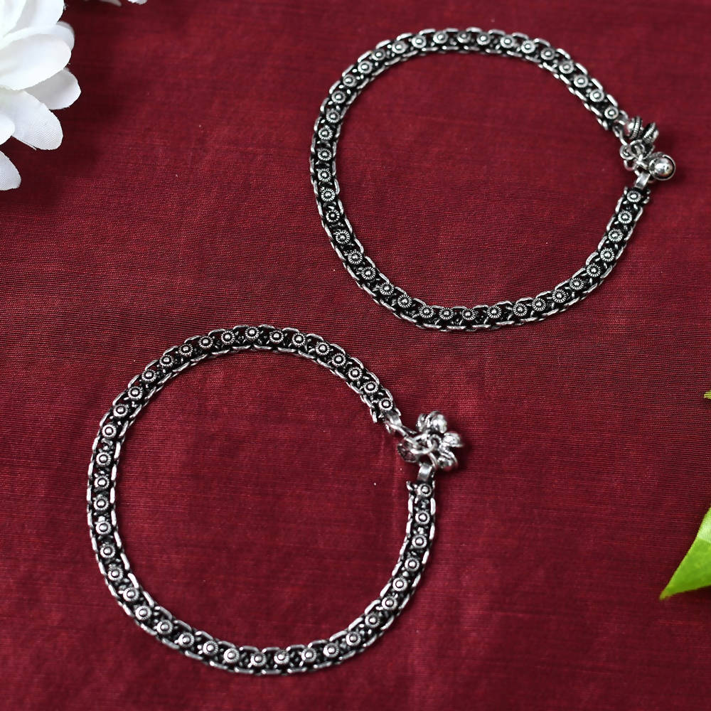 Mominos Fashion Kamal Johar Oxidised Silver Regular Anklets