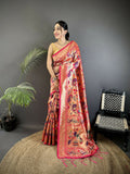 Joban Fashion Reddish Pink Peacocks Flowers & Leaves Soft Silk Paithani Saree - Distacart