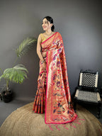 Joban Fashion Reddish Pink Peacocks Flowers & Leaves Soft Silk Paithani Saree - Distacart