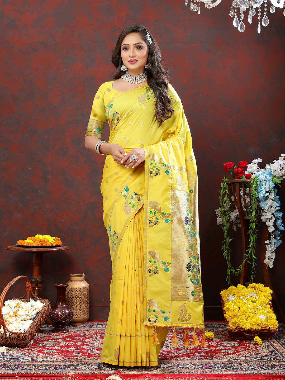 Lorenvalley Fashion Yellow Soft Paithani Silk Woven Design Gold Zari Meenakari Weaving Saree
