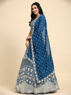 Teal Georgette Thread Embroidered Lehenga Choli with Dupatta - Tanya