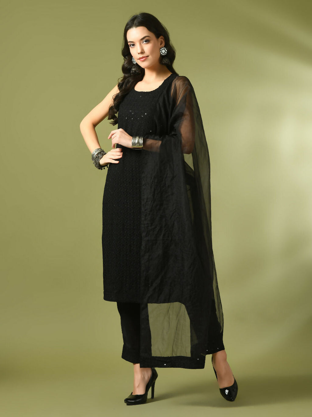 Myshka Women's Black Embroidered Cotton Straight Party Kurta Set With Dupatta