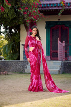 Vastranavya Pink Chiffon Floral Printed & Pearl Lace Border Saree with Unstitched Blouse