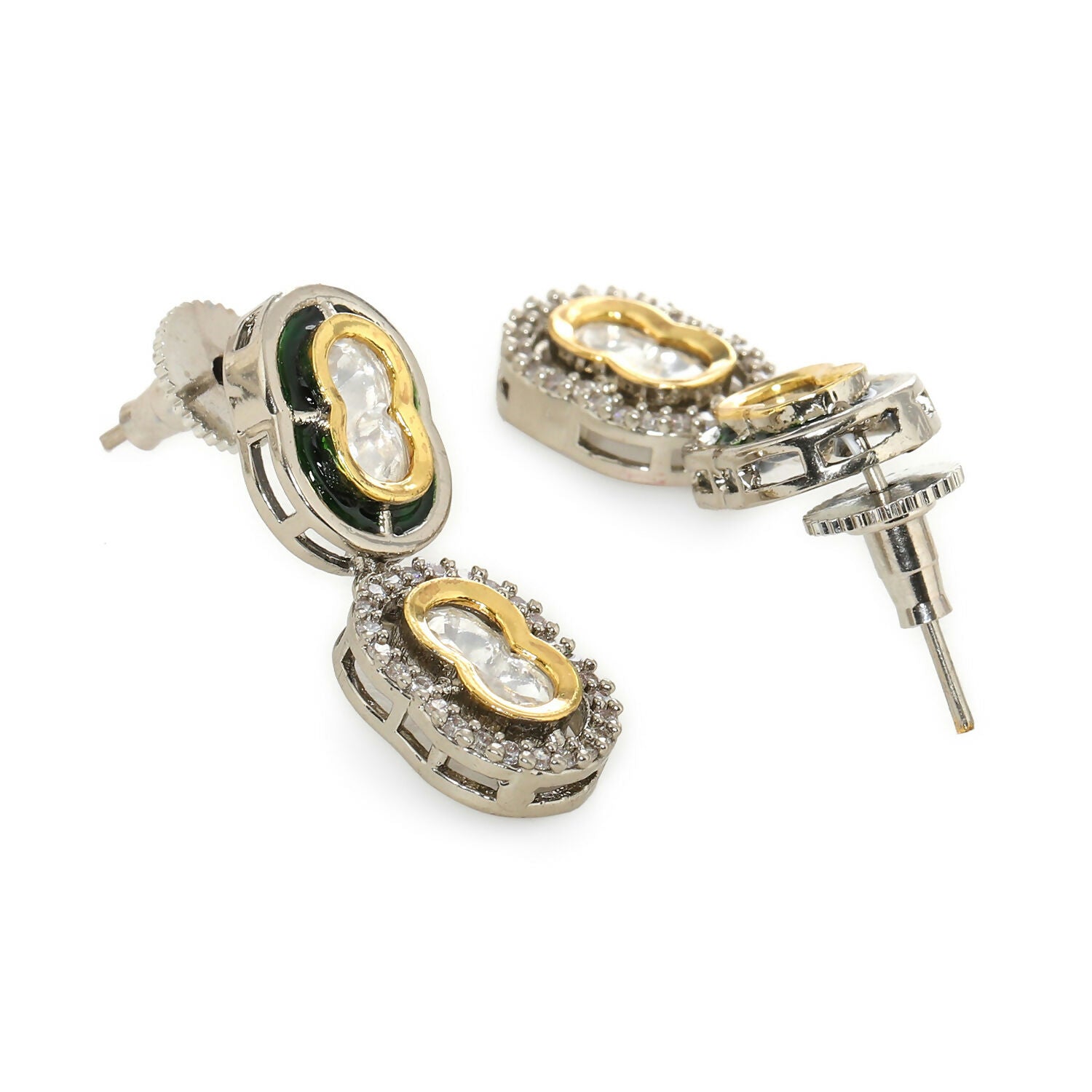 Double Mufli (peanut) Meenakari and Diamond Earrings (Silver) - Ruby Raang - Distacart
