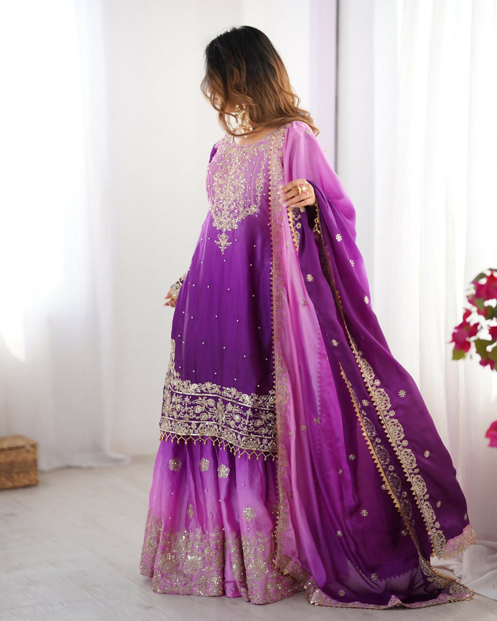 The52 Women's Beautiful Chinon silk Fabric Embroidery Work Straight Kurta Palazzo and Dupatta Set - Distacart