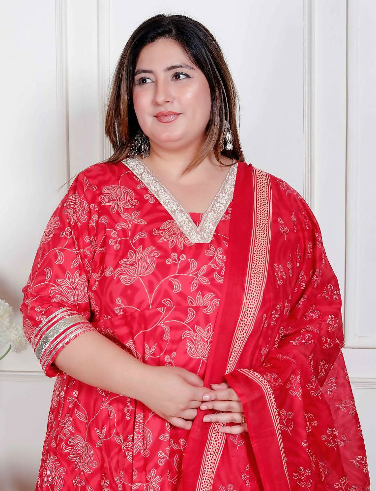 Miravan Plus Size Women'S Red Embroidered Anarkali Kurta And Dupatta  - Distacart