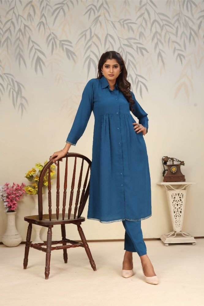 Jyoti Fashion Women's Blue Rinkal Cotton Plain with Side Pocket Kurtis & Sets