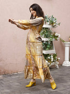 Mustard Crepe Foil Printed Long Dress - Michan - Distacart