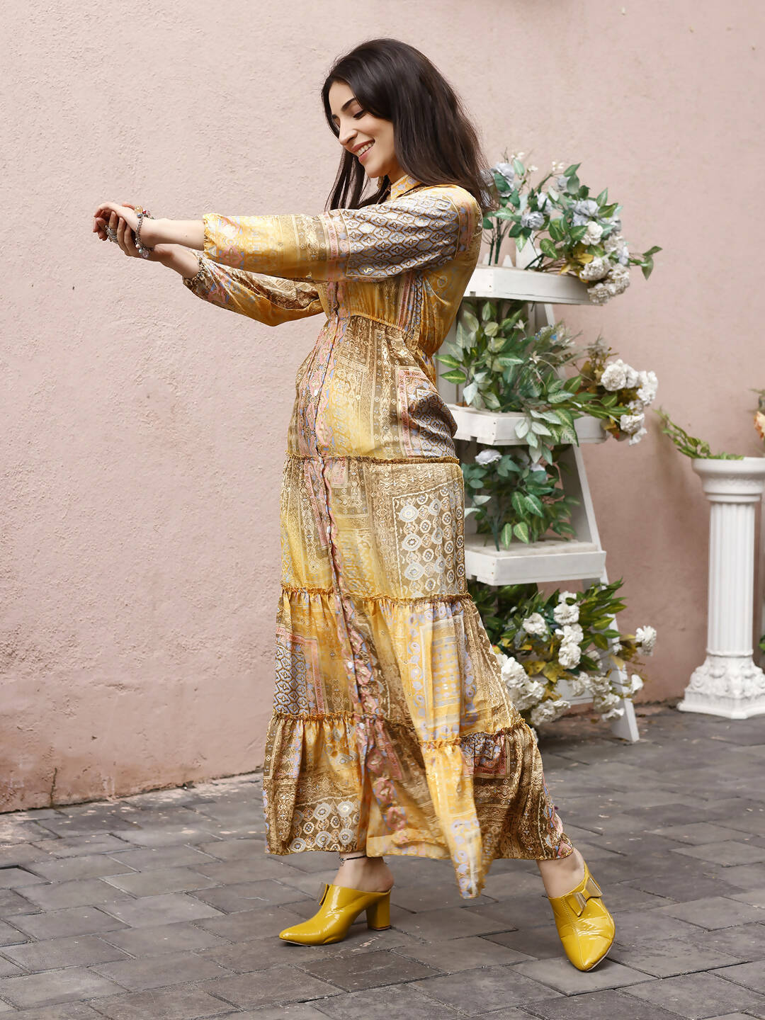 Mustard Crepe Foil Printed Long Dress - Michan - Distacart
