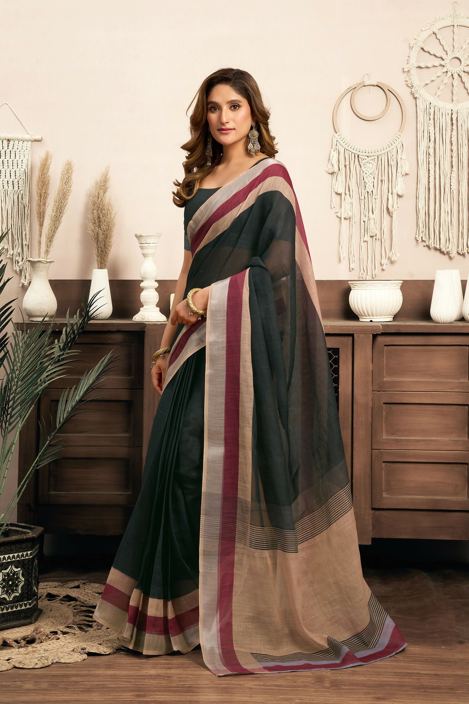 Joban Fashion  Black Solid Linen Ready To Wear Saree With Unstitched Blouse - Distacart