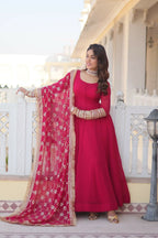 Jyoti Fashion Women's Rani Pink Faux Blooming Sequins Zari Embroidered Anarkali Dress with Dupatta