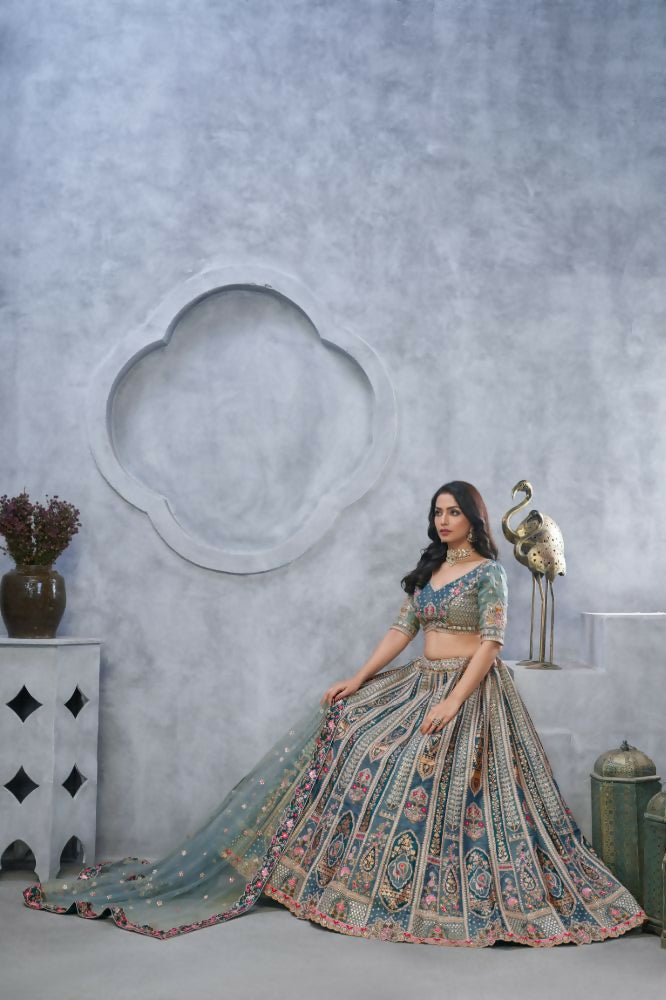 Kesar Fab Grey Organza Hand_Woven Lehenga