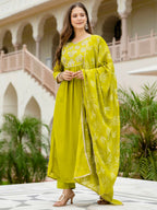 The52 Liril Women's Beautiful Embroidered work Chinon Fabric with Flared Kurta, Pant and Dupatta Set - Distacart