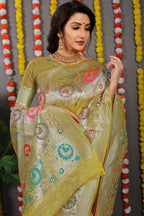 Jyoti Fashion Women's Mehndi Banarasi Silk Zari Woven Saree with Blouse