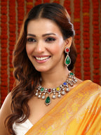 Ruby Raang Gold Polished Kundan Work Multi-Color Maharani Kundan And Stonework Necklace With Earrings