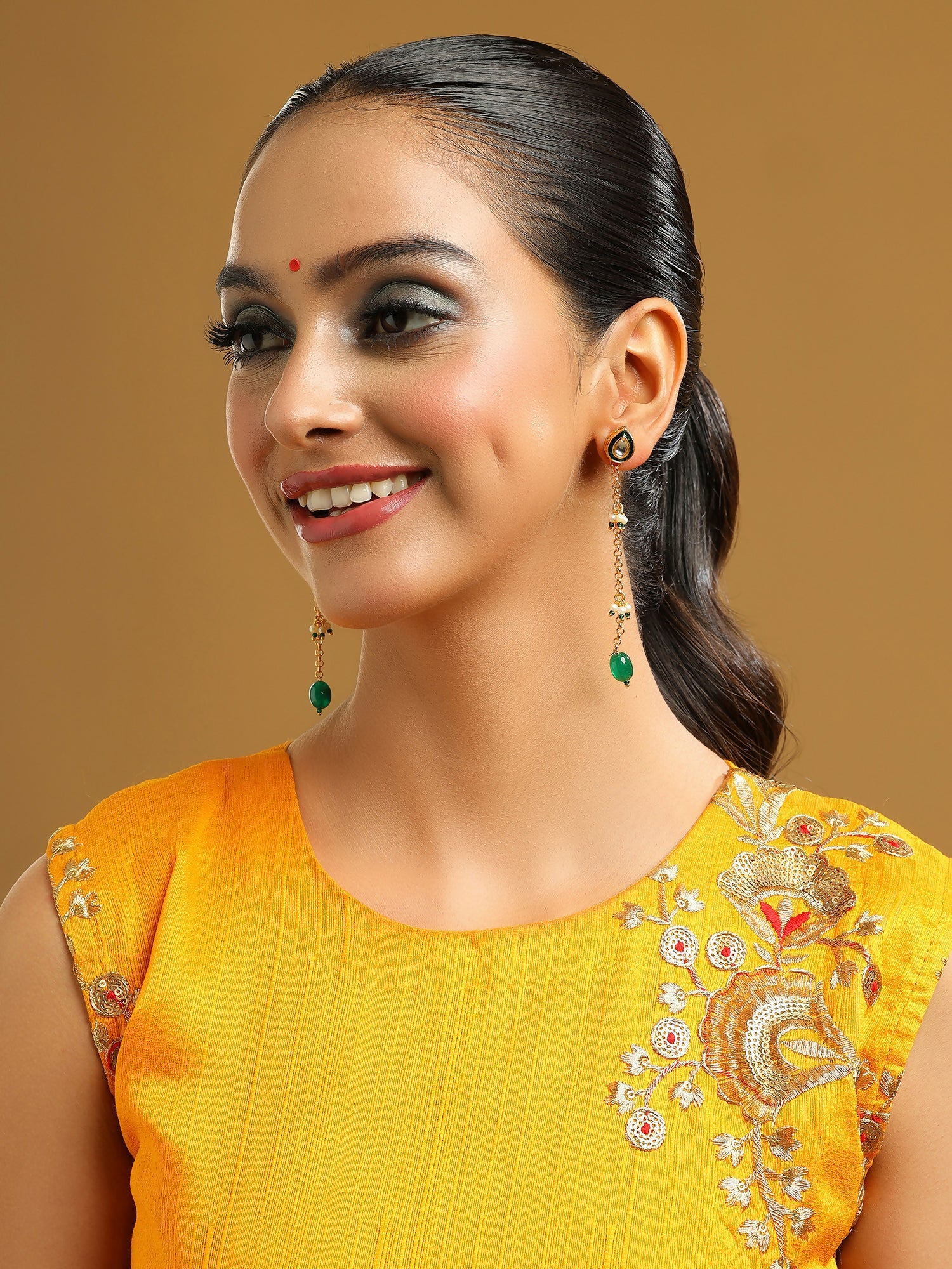 Ruby Raang Green Long Kundan Dangler Earrings - Distacart