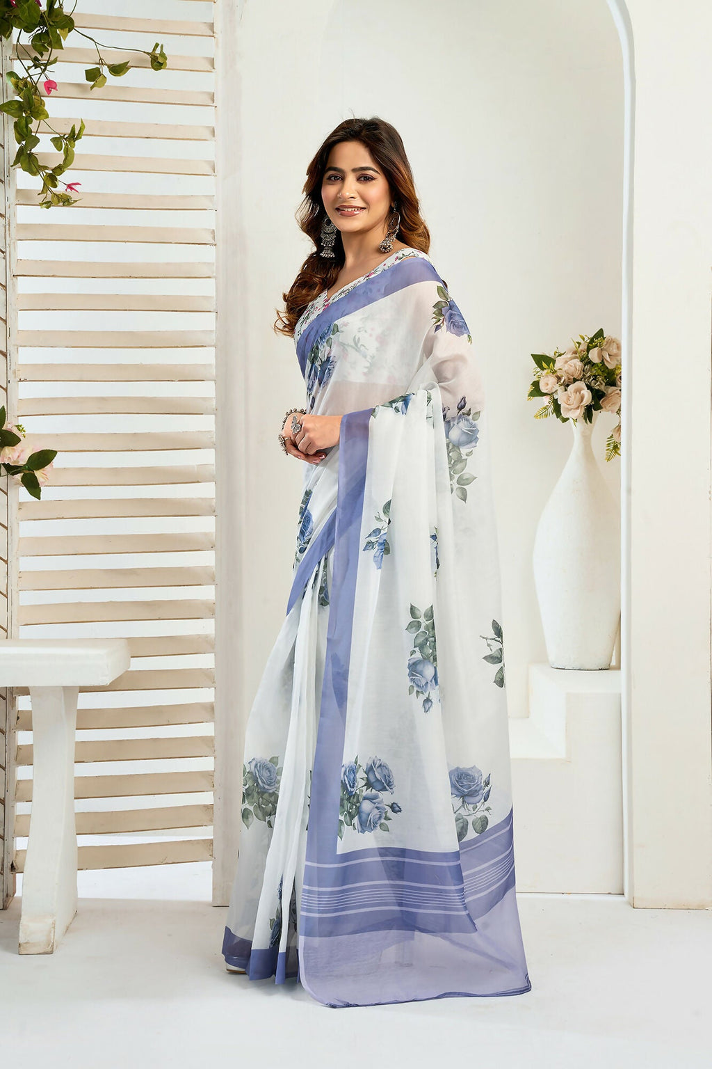 Vastranavya Blue Digital Printed Linen Ready To Wear Designer Saree with Unstitched Blouse - Distacart