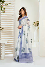 Vastranavya Blue Digital Printed Linen Ready To Wear Designer Saree with Unstitched Blouse - Distacart
