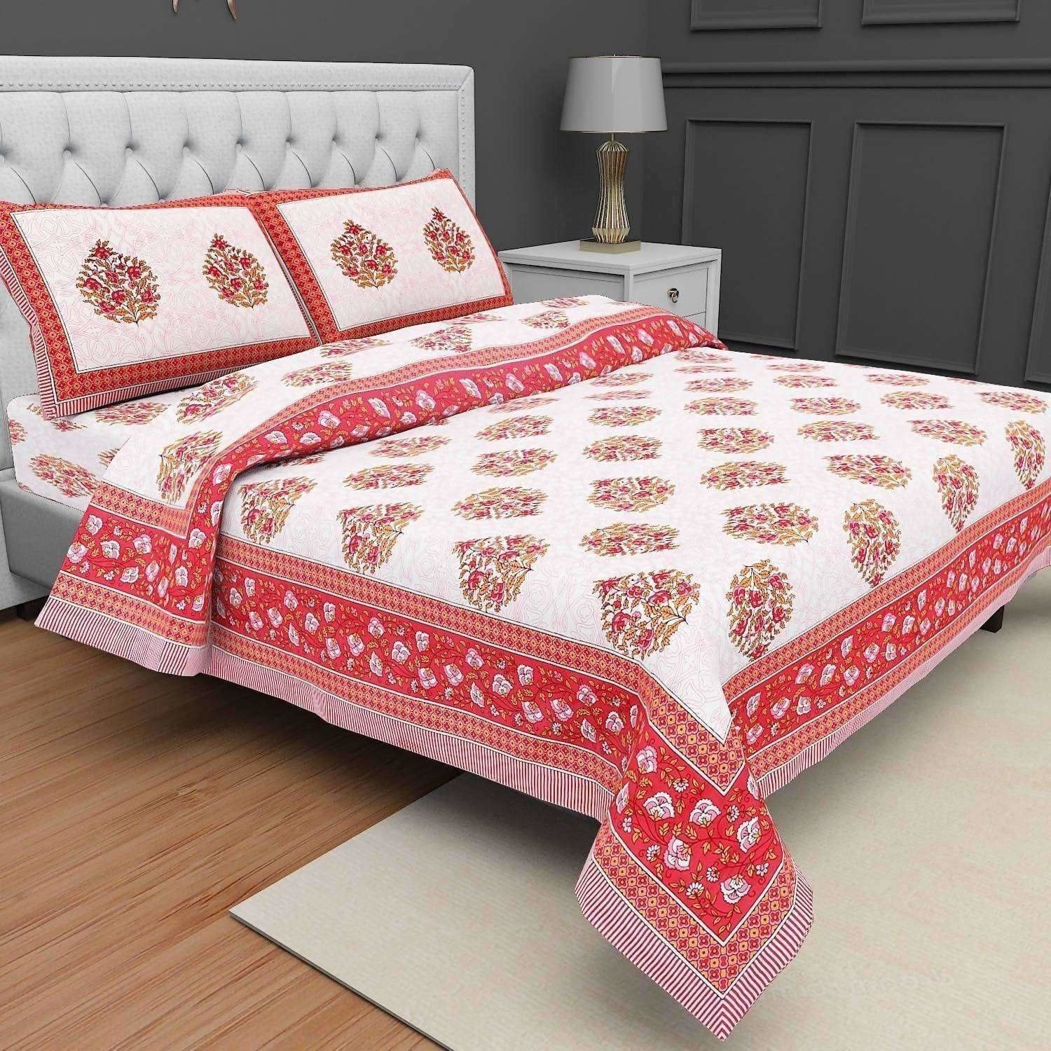 Queen Size 230x270 Cms Jaipuri Hand Block Printed Traditional 144TC Cotton Bedsheet with 2 Pillow Covers