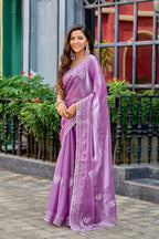 Vastranavya Lavender Embroidery Work Shimmer Chiffon Saree with Unstitched Blouse - Distacart