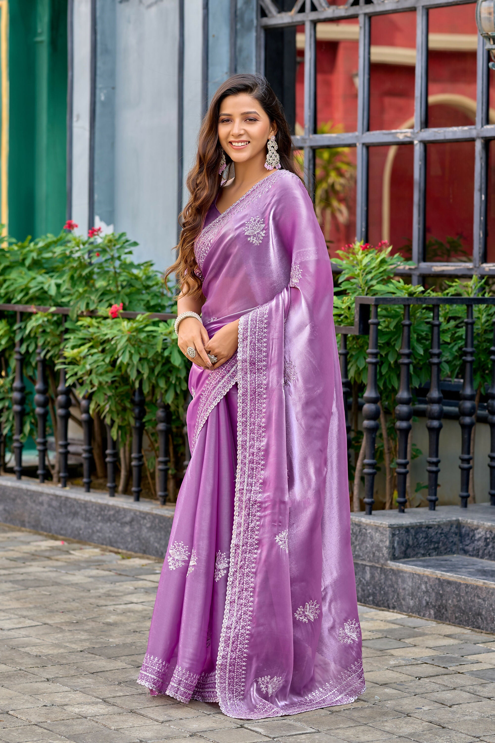Vastranavya Lavender Embroidery Work Shimmer Chiffon Saree with Unstitched Blouse - Distacart