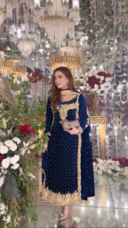 Joban Fashion Blue Velvet Sequence Embroidery Work Kurta Set - Distacart