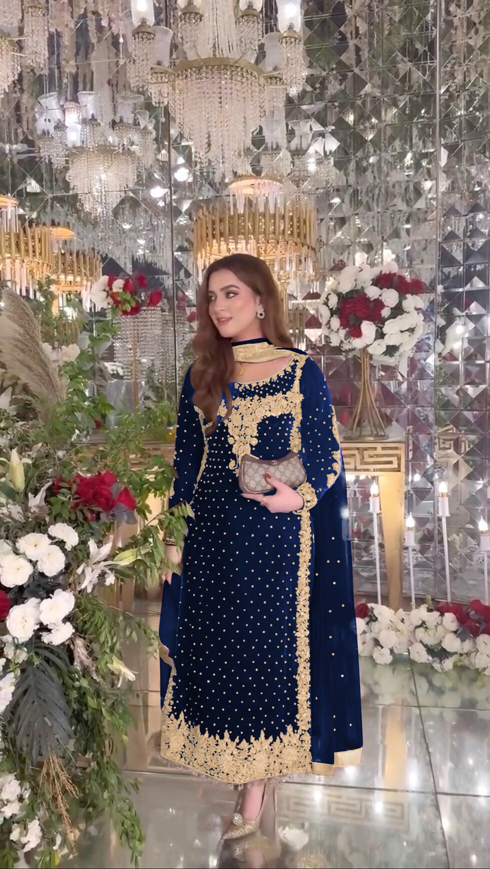 Joban Fashion Blue Velvet Sequence Embroidery Work Kurta Set - Distacart