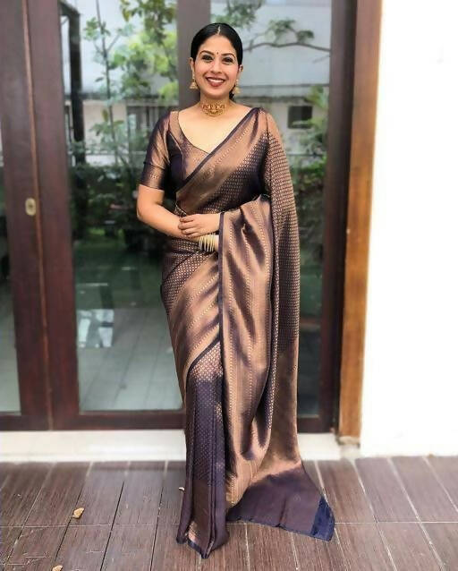 DEIANA'S Beautiful Designer Golden zari Soft Lichi Silk Saree - Navy Blue
