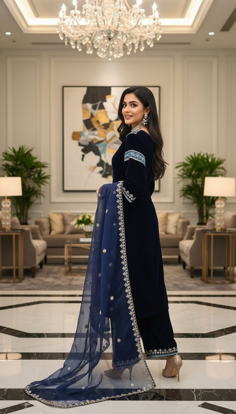 Teeya Creation Blue Color Velvet Designer Embroidery Work party Wear Suit - Distacart