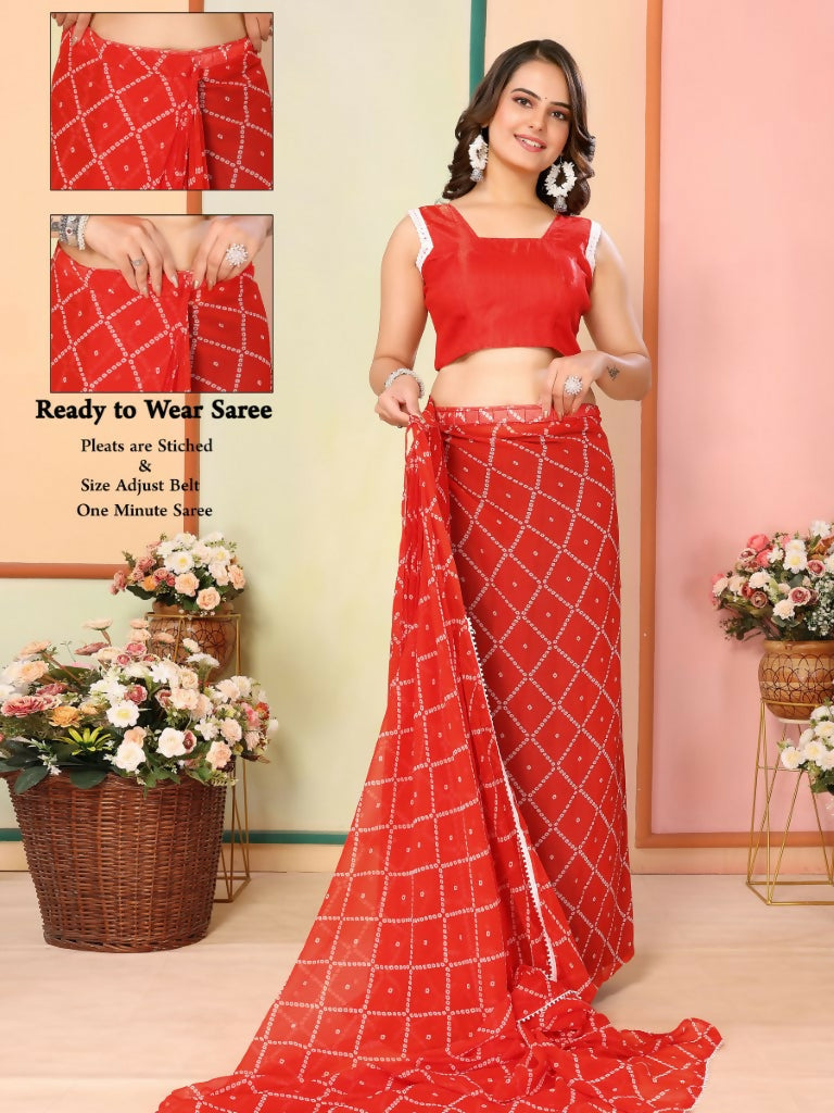 Red Georgette Designer Printed Ready To Wear Saree - Elite
