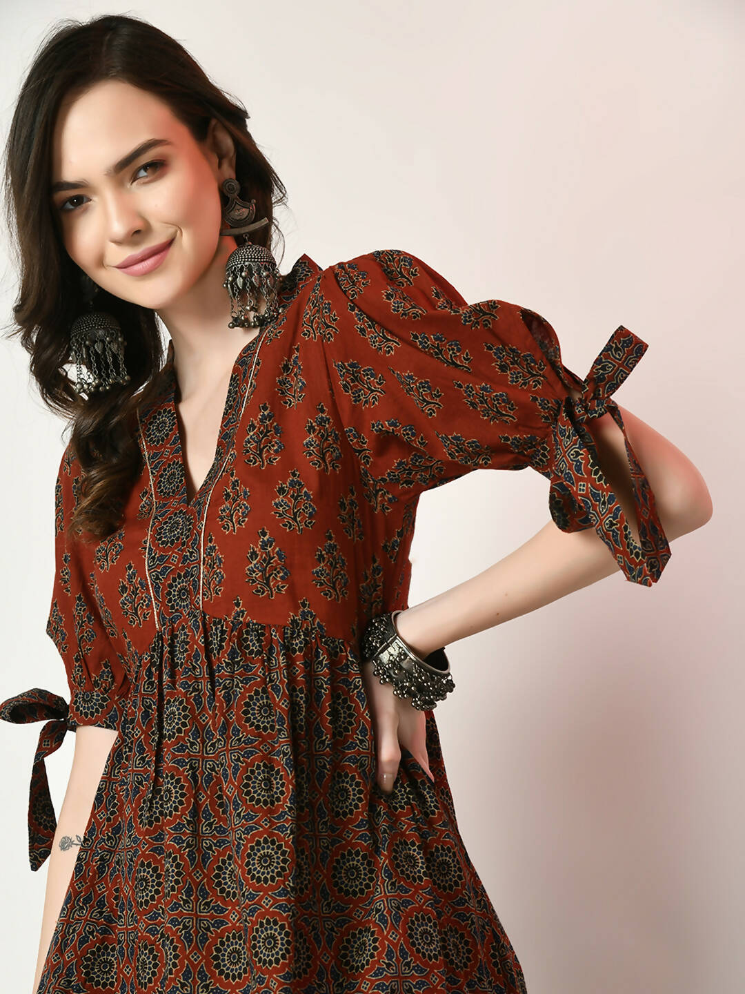Myshka Women's Rust Empire Printed Dress - Distacart